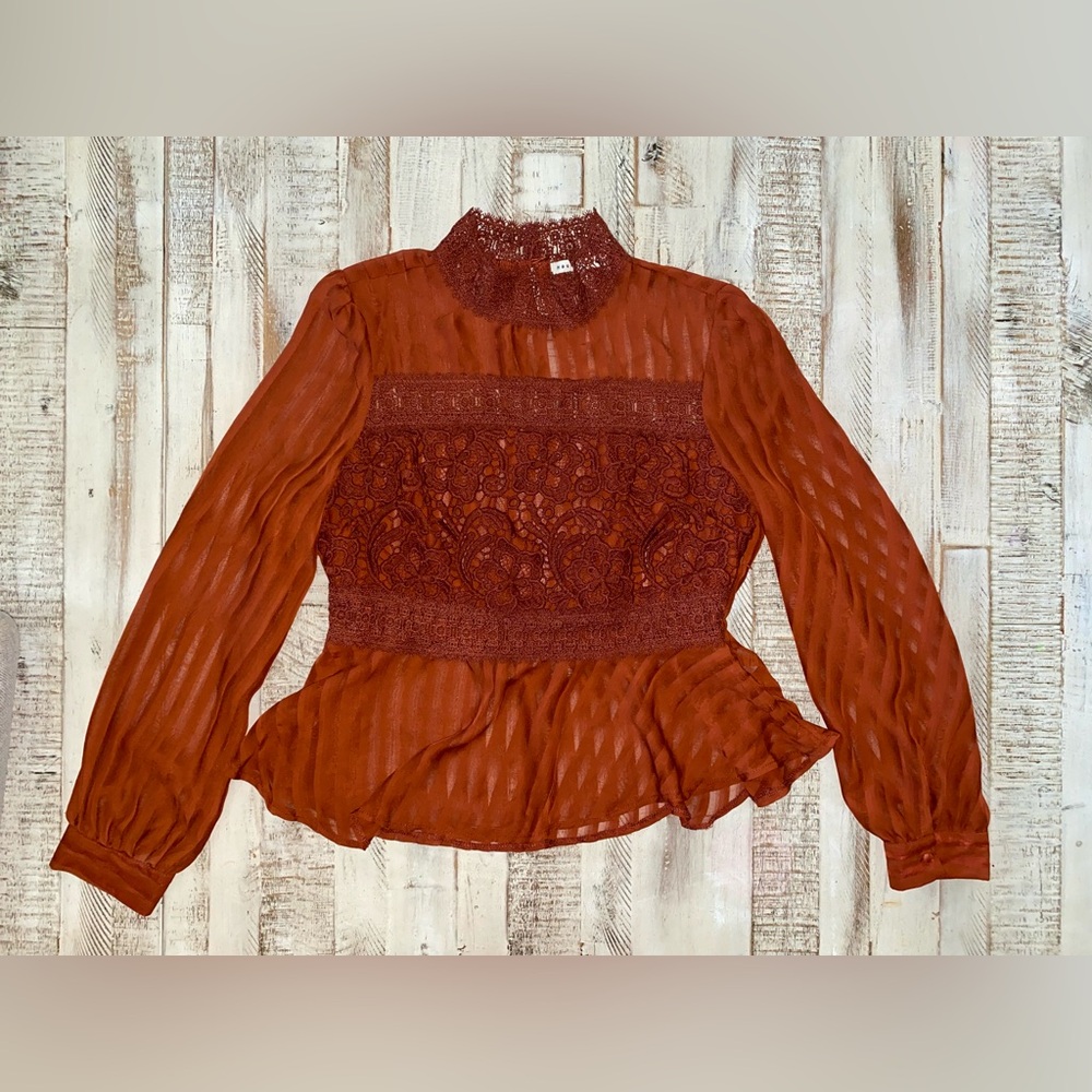 Haute Monde Rust Lace-Panel Long Sleeve Peplum Blouse